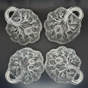 Vintage Indiana Glass Pebble Leaf Shaped Candy Nut‎ Nappy Handle Set of 4 READ